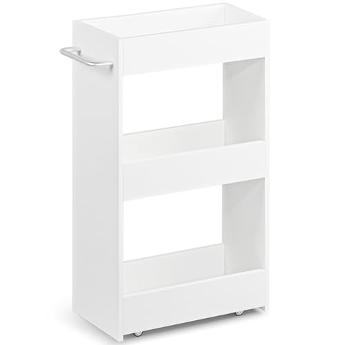 MARTY Slim Rolling Storage Cart 7.9" W Laundry Cart with Wheels,Wood, White | Narrow Utility Cart Between Washer and Dryer, 3 Tier Mobile Shelving Unit for Kitchen, Laundry, Bathroom, Office, Living Room - color: White