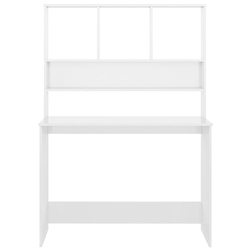 High Gloss White Engineered Wood Compact Desk Rectangular with 5 Storage Spaces and 4 Built-in Shelves for Home Office Workspace Organization