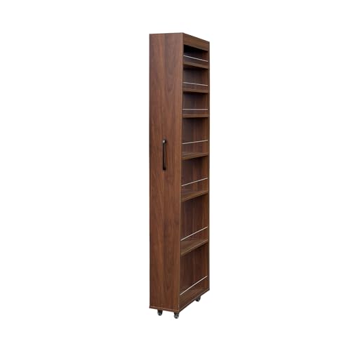 7-Tier Slim Mobile Shelving Cart with Wheels, Rolling Pantry with 7 Racks, Narrow Pull-Out Utility Cart, Space Saving Storage Organizer Carts for Kitchen Living Room Bathroom Narrow Spaces, Walnut - size: Walnut & 7.87"D x 17.72"W x 70.87"H