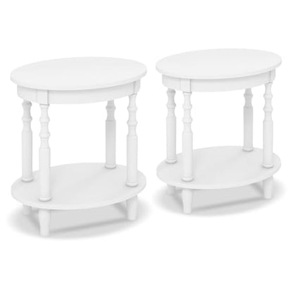 Giantex Oval End Tables Set of 2, 2-Tier Side Tables with Storage Shelf & Solid Wood Legs, Modern Living Room Accent Table, Wood Nightstand for Bedroom, Small Space, 20.5"L x 15.5"D x 24.5"H, White - color: White