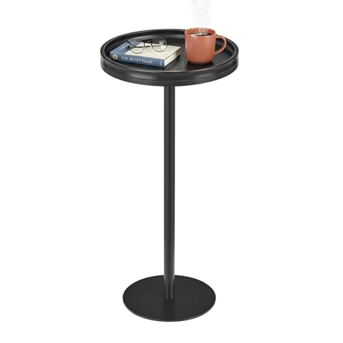 Black Industrial Martini Table,Round Drink Table,Modern Pedestal Side Table with Black Wood Grain Tray Top, Weighted Metal Base End Table for Living Room,Small Spaces,Next to Sofa, 24.7" Tall - color: Black