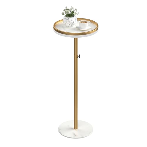 Height Adjustable Small Drink Table for Small Spaces,Martini Table, Weighted Base Pedestal Table for Living Room, Bedroom, Bathroom,Gold - color: Gold + White