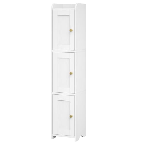 HEXCELEN Slim Bathroom Storage Cabinet, Narrow Cabinet with 3 Doors，Small Bathroom Organizers and Storage, Laundry Room Organization for Small Space, Kitchen, Living Room, White