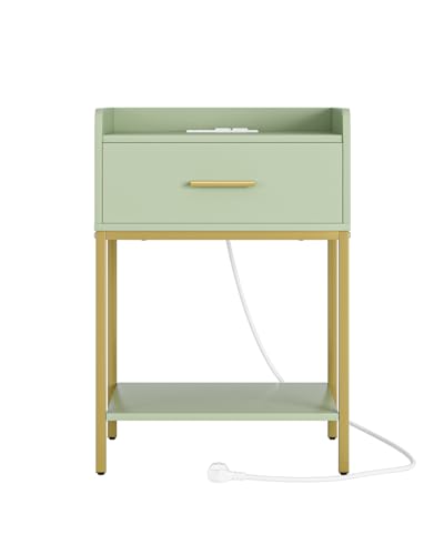 Nightstand with Charging Station,3-Tier Modern Bedside Table Night Stand with Storage Drawer and Open Shelf,Small End Side Table for Bedroom,Living Room,Green - color: Green With Charging Station