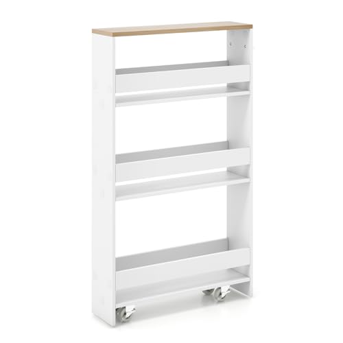 Slim Rolling Storage Cart, 4-Tier Kitchen Utility Carts on Wheels, Wood Shelving Unit Organizer Trolley with Handle, 5” Width Narrow Cart for Small Spaces, Laundry, Bathroom (White & Natural)