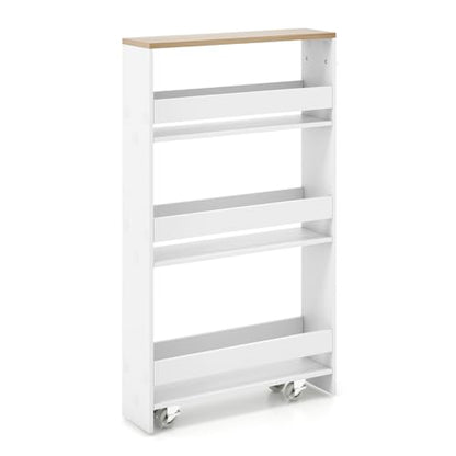 Slim Rolling Storage Cart, 4-Tier Kitchen Utility Carts on Wheels, Wood Shelving Unit Organizer Trolley with Handle, 5” Width Narrow Cart for Small Spaces, Laundry, Bathroom (White & Natural)