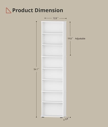 CD Tower Storage Rack, 8-Tier CD Storage Shelf with Adjustable Shelves DVD Stand Tower for Living Room Bedroom Office, White