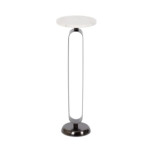 Kate and Laurel Helio Modern Round Drink Table; 8 x 8 x 24; White and Gray Gunmetal; Natural Marble Cocktail Table for Small Spaces and Use as Small Plant Stand or Nightstand