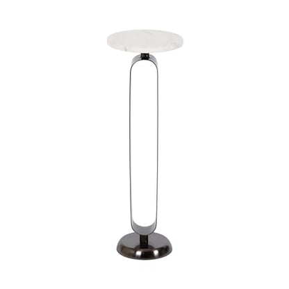 Kate and Laurel Helio Modern Round Drink Table; 8 x 8 x 24; White and Gray Gunmetal; Natural Marble Cocktail Table for Small Spaces and Use as Small Plant Stand or Nightstand