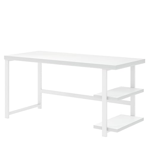 EXCEFUR White Computer Desk, Modern Home Office Desk with Storage Shelf, Wood and Metal Writing Study Table for Living Room Bedroom, 53 Inch - color: White