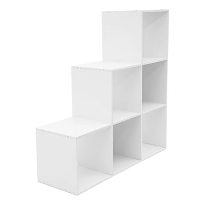 3-Tier Stepped Bookshelf, 6 Cube Storage Organizer Floor Standing Storage Shelf Modern Open Bookshelf for Home and Office (White) - size: 6 Cube L-Shaped