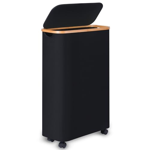 Slim Laundry Basket with Wheels,Narrow Hampers for Laundry,Freestanding Laundry Hamper with Lid&Bamboo Handles,Collapsible & Waterproof Tall Cloth Hamper for Dorm Family(60L Black) - color: Black, size: 60L with Wheels