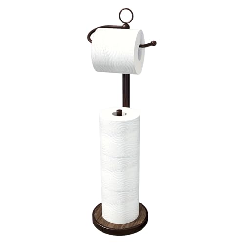 Toilet Paper Holder Free Standing with Storage 4 Rolls Stainless Steel Toilet Paper Holder Stand with Weighted Wood Grain Base Space-Saving Tissue Roll Holders for Bathroom Black & Bronze (Bronze)