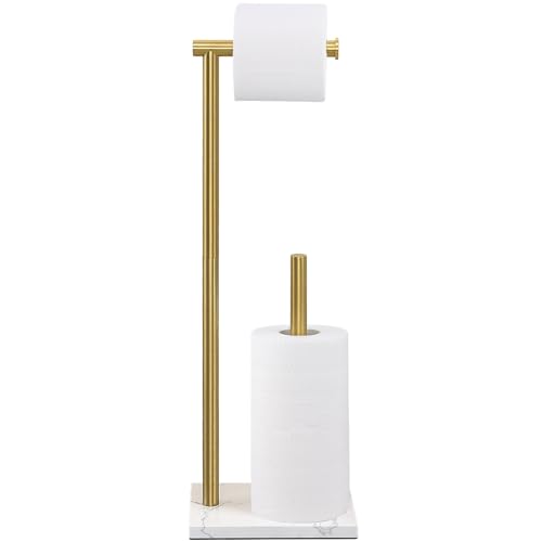 Hoooh Free Standing Toilet Paper Holder Stand with Reserve, Brushed Gold | Stainless Steel Bathroom Floor Tissue Roll Organizer with No-Tip Weighted Marble Base, Holds 4 Rolls, for Small Spaces - color: Brushed Gold, size: Square Base