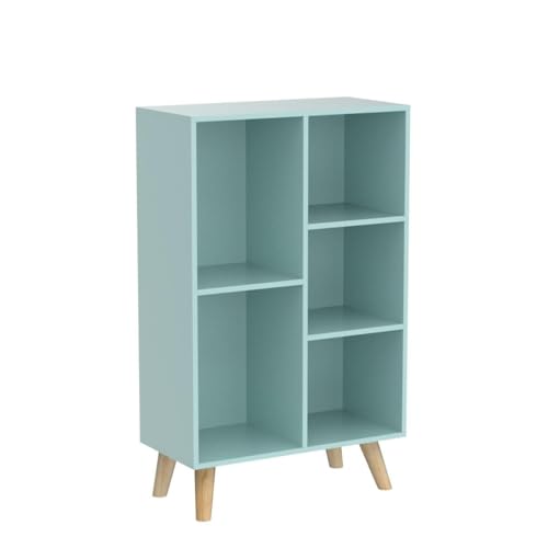IOTXY Wooden Open Shelf Bookcase - 3-Tier Bookshelf with Leg, Tiffany-Green | Nordic Minimalist Style, MDF Material, Raised Solid Wood Legs, 5 Storage Cubes Display, Floor-Standing Cabinet Organizer - color: Tiffany Green, size: 50CM Legs