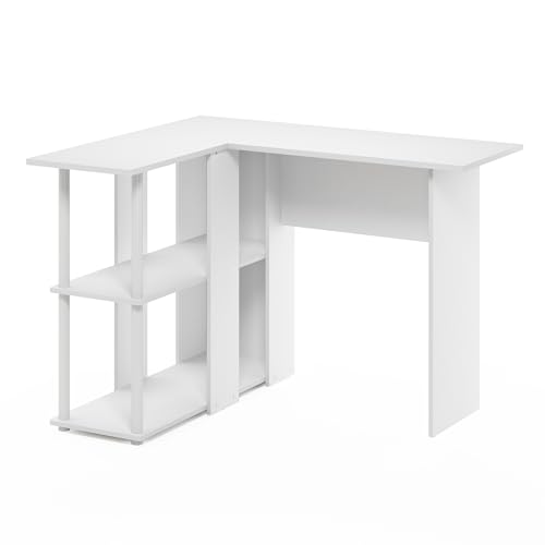 Furinno Abbott L-Shape Desk with Bookshelf, 41.14 (W) x 28.94 (H) x 34.45 (D) inches, White/White - color: White/White, style: Plastic Poles