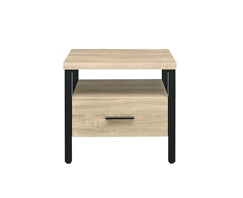 Industrial Bedside Table: 1 Drawer & Open Shelf Nightstand - Oak & Black Metal Frame for Loft Style Bedroom & Studio Use