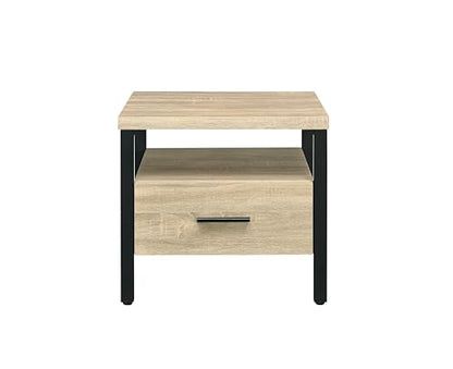 Industrial Bedside Table: 1 Drawer & Open Shelf Nightstand - Oak & Black Metal Frame for Loft Style Bedroom & Studio Use
