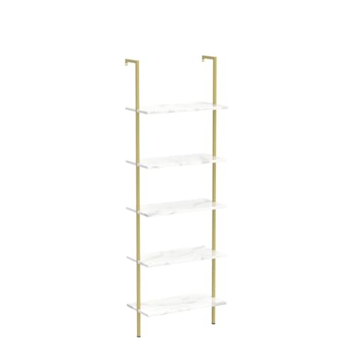 aboxoo Ladder Shelf 2PCS White Marble Bookshelf 5-Tier Wall-Mounted Wood Rack Open Industrial Modern Plant Flower Stand Utility Organizer Bookcase Metal Frame Furniture Office Kitchen Bedroom - color: White Marble 5-tier, size: 2PCS