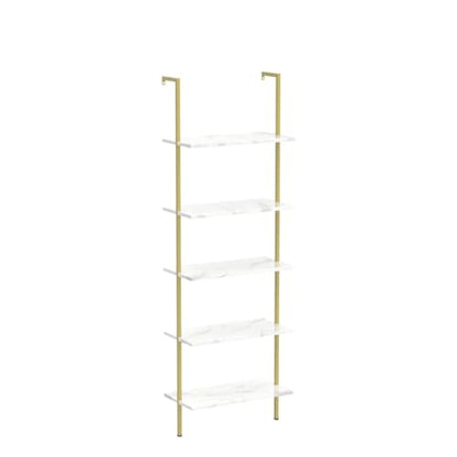aboxoo Ladder Shelf 2PCS White Marble Bookshelf 5-Tier Wall-Mounted Wood Rack Open Industrial Modern Plant Flower Stand Utility Organizer Bookcase Metal Frame Furniture Office Kitchen Bedroom - color: White Marble 5-tier, size: 2PCS