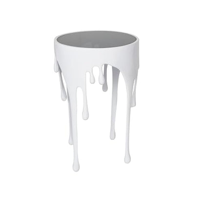 Deco 79 Aluminum Metal End Table with Abstract Drip Design, White Side Table, Accent Melting Legs and Black Glass Top, 16" x 16" x 25", White - color: White