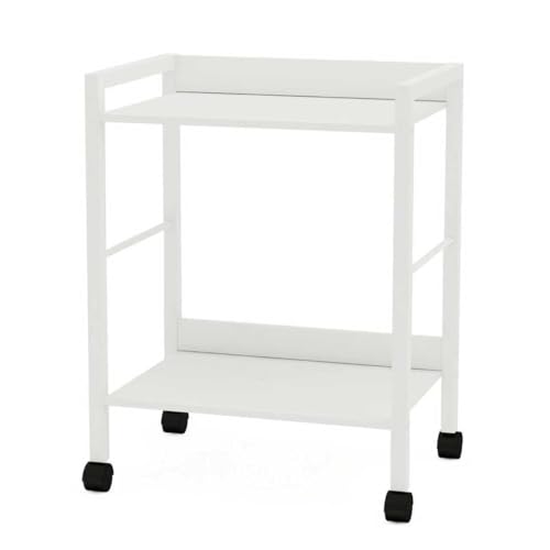2-Tier Rolling Utility Cart with White Shelves and White Metal Frame, Industrial Mobile Storage Trolley on Wheels for Kitchen, Office, Bathroom, Living Room