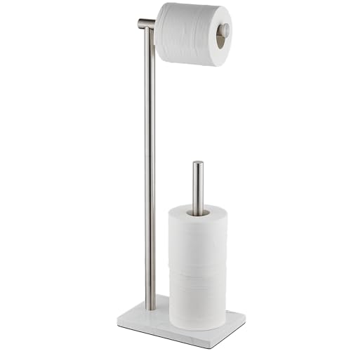 Hoooh Free Standing Toilet Paper Stand with Marble Base, Brushed Nickel | Stainless Steel Floor Tissue Roll Holder with Reserve, No-Tip Weighted Base for Stability, Ideal for Small Bathrooms - color: Brushed Steel, size: Square Base