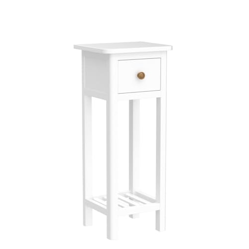 Tangkula 2-Tier Narrow Side Table with Drawer, Acacia Wood Tall End Table for Small Spaces, Farmhouse Slim Bedside Table with Open Shelf, Nightstand for Living Room, Bedroom, No Assembly (2, White) - color: White