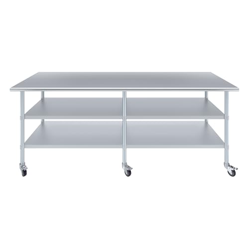 AmGood Stainless Steel Work Table with 2 Shelves and Casters | Metal Utility Table On Wheels (Stainless Steel, 96" Long x 30" Deep) - size: 96" Long x 30" Deep