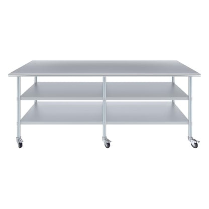 AmGood Stainless Steel Work Table with 2 Shelves and Casters | Metal Utility Table On Wheels (Stainless Steel, 96" Long x 30" Deep) - size: 96" Long x 30" Deep