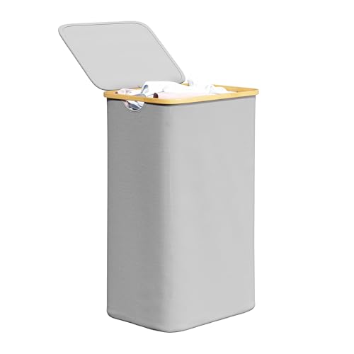 SpaceAid Laundry Hamper with Lid, 110L Large Tall Clothes Basket Bin with Bamboo Handles, Collapsible Laundry Hamper for Bedroom, Bathroom, Dorm, Laundry Room - Light Grey - color: Light Grey, size: 110 L