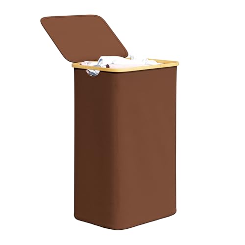 SpaceAid Laundry Hamper with Lid, 110L Large Tall Clothes Basket Bin with Bamboo Handles, Collapsible Laundry Hamper for Bedroom, Bathroom, Dorm, Laundry Room - Brown - color: Brown, size: 110 L