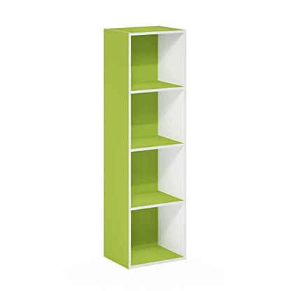 Furinno PASIR Book Shelf, 4-Tier Modern Bookshelf, Open Shelves Bookcase 9 x 12 x 42, Easy Assembly, for Living Room, Bedroom, Home Office, Green/White - color: White/Green, size: 4-Tier Cube