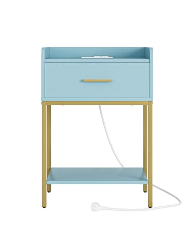 Nightstand with Charging Station,3-Tier Modern Bedside Table Night Stand with Storage Drawer and Open Shelf,Small End Side Table for Bedroom,Living Room,Blue - color: Blue With Charging Station