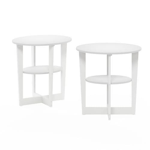 Furinno JAYA Side Table Set of 2, 2-Tier Round Modern End Table with Oval Tabletop, Night Stand, Bedside Table with Open Shelf, for Living Room, Bedroom, White - color: White, size: 2-Pack, 2 Tiers, Oval Panel