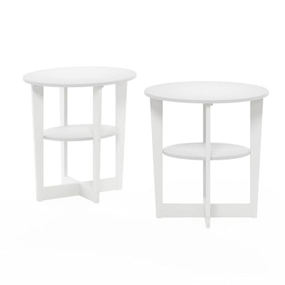 Furinno JAYA Side Table Set of 2, 2-Tier Round Modern End Table with Oval Tabletop, Night Stand, Bedside Table with Open Shelf, for Living Room, Bedroom, White - color: White, size: 2-Pack, 2 Tiers, Oval Panel