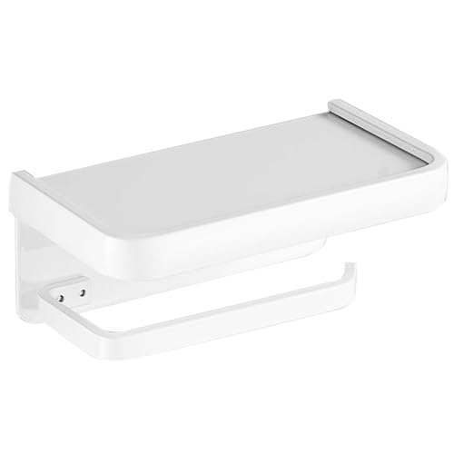Toilet Paper Holder with Phone Shelf, Adhesive or Screw Wall Mount Toilet Tissue Roll Holder-White - color: White