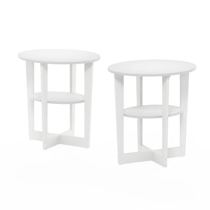 Furinno JAYA Side Table Set of 2, 2-Tier Round Modern End Table with Oval Tabletop, Night Stand, Bedside Table with Open Shelf, for Living Room, Bedroom, White - color: White, size: 2-Pack, 2 Tiers, Oval Panel