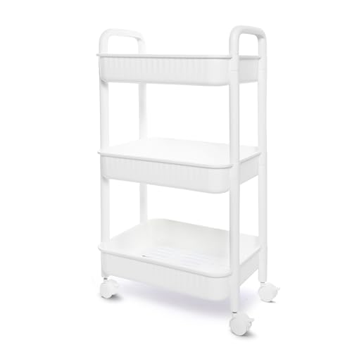 YSSOA Rolling Storage Cart, 3 Tier Slim Mobile Shelving Unit 360° Rotating Wheel Lockable Utility Cart, Ideal for Office, Kitchen, Bathroom, Laundry and Narrow Spaces, White - size: 3-Tier 11"Dx16"Wx30"H