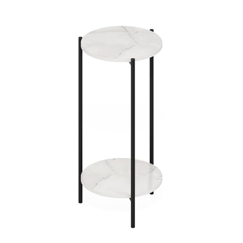 Furinno BESI Plant Stand Indoor, 2-Tier Round Plant Shelf, Metal Flower Pot Plant Stand, Balcony, Patio, Garden, Marble White - color: Marble White