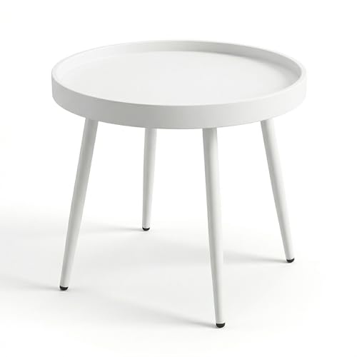 Small Round Side Table - Outdoor Indoor Metal Side Table with Anti-Fall Fence - Small Coffee Drink End Tables for Patio, Living Room Bedroom Porch -White - color: White