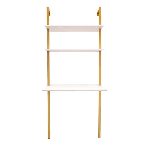 2-Shelf Industrial Wall Mount Ladder，Wall Mount Computer or Writing Desk, Computer Laptop Desk with Shelves, Wall Table Floating Desk with Storage for Home Office, Gold, (20" Dx30 Wx72.8 H) - color: Gold/ White