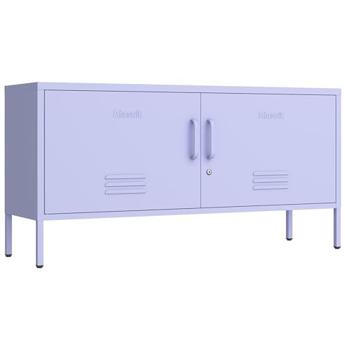Wide Lockable Metal TV Stand with Accent Cabinet Locker, Heavy Duty Entertainment Center for Bedroom, Adjustable Shelves & 2 Doors, Multifunctional Storage Cabinet for Home 22"H X 35.4"W X 13.8"D - color: Lilac, style: TV stand-22"H-OL