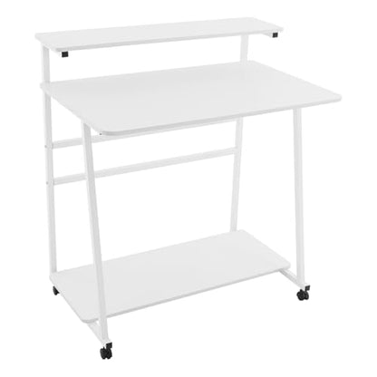 3 Tiers Rolling Computer Desk, 31.5 Inch Home Office Desk with 4 Wheels & 4 Foot Pads, Mobile Small Computer Desk, Student Study Table for Small Space Bedroom (White+White) - color: White+white