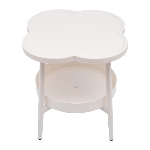 2-Tier Modern Sofa Side Table, Four-Leaf Clover Shape End Table Coffee Tea Snack Table Small Nightstand with Storage for Bedroom Living Room Creamy White - color: Creamy White