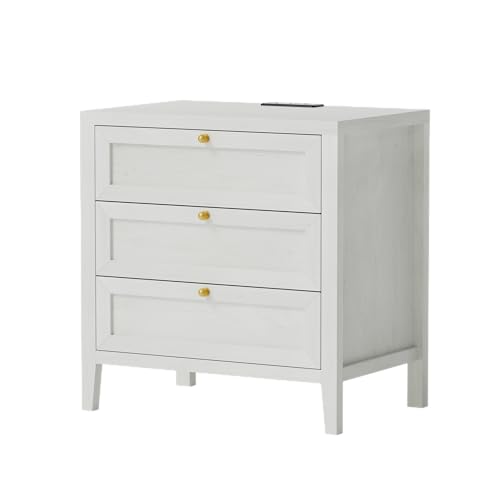 Large Nightstand Set of 2 with 3 Drawers, Farmhouse Bedside End Table with Charging Station, Modern Wood Night Stand for Sofa, Bedroom, Antique White - color: Antique White, size: 2 PCS (3 Drawers)