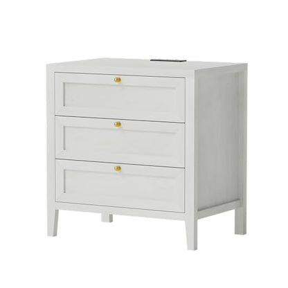 Large Nightstand Set of 2 with 3 Drawers, Farmhouse Bedside End Table with Charging Station, Modern Wood Night Stand for Sofa, Bedroom, Antique White - color: Antique White, size: 2 PCS (3 Drawers)