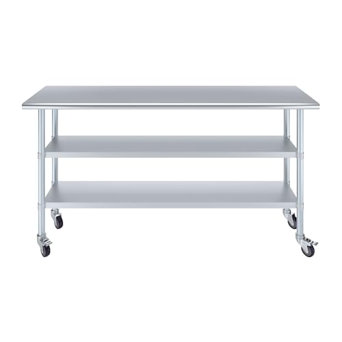 AmGood Stainless Steel Work Table with 2 Shelves and Casters | Metal Utility Table On Wheels (Stainless Steel Work Table with 2 Shelves + Casters, 72" Long x 18" Deep) - size: 72" Long x 18" Deep