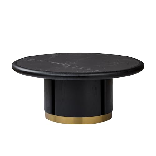 35.43'' Round Coffee Table with Sintered Stone Tabletop for Living Room, Modern Circle Wood Pedestal Coffee Table with Brushed Stainless Steel, Easy Assembly, Black - color: Ø35.43'' -Walnut