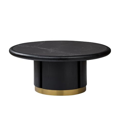 35.43'' Round Coffee Table with Sintered Stone Tabletop for Living Room, Modern Circle Wood Pedestal Coffee Table with Brushed Stainless Steel, Easy Assembly, Black - color: Ø35.43'' -Walnut